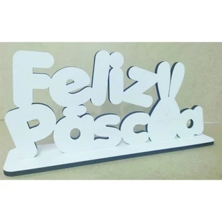 Feliz Páscoa em MDF branco 3 mm com base para mesa 14 cm de altura em Oferta na Shopee