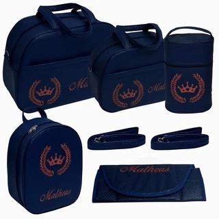 Kit Bolsa Maternidade Personalizado Menino/Masculino Azul Escuro Coroa 5 peças Com Nome