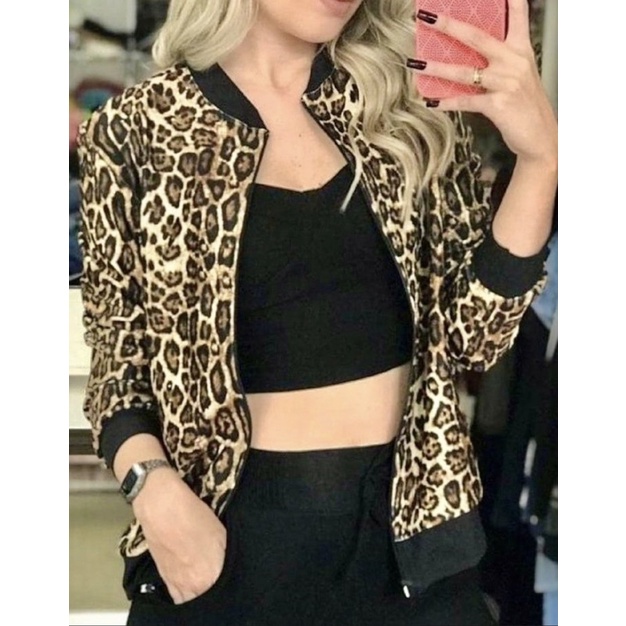 jaqueta bomber femenina animal print onça manga longa inveno