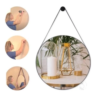 Espelho Redondo Decorativo Suspenso Com Alça 60cm + Suporte