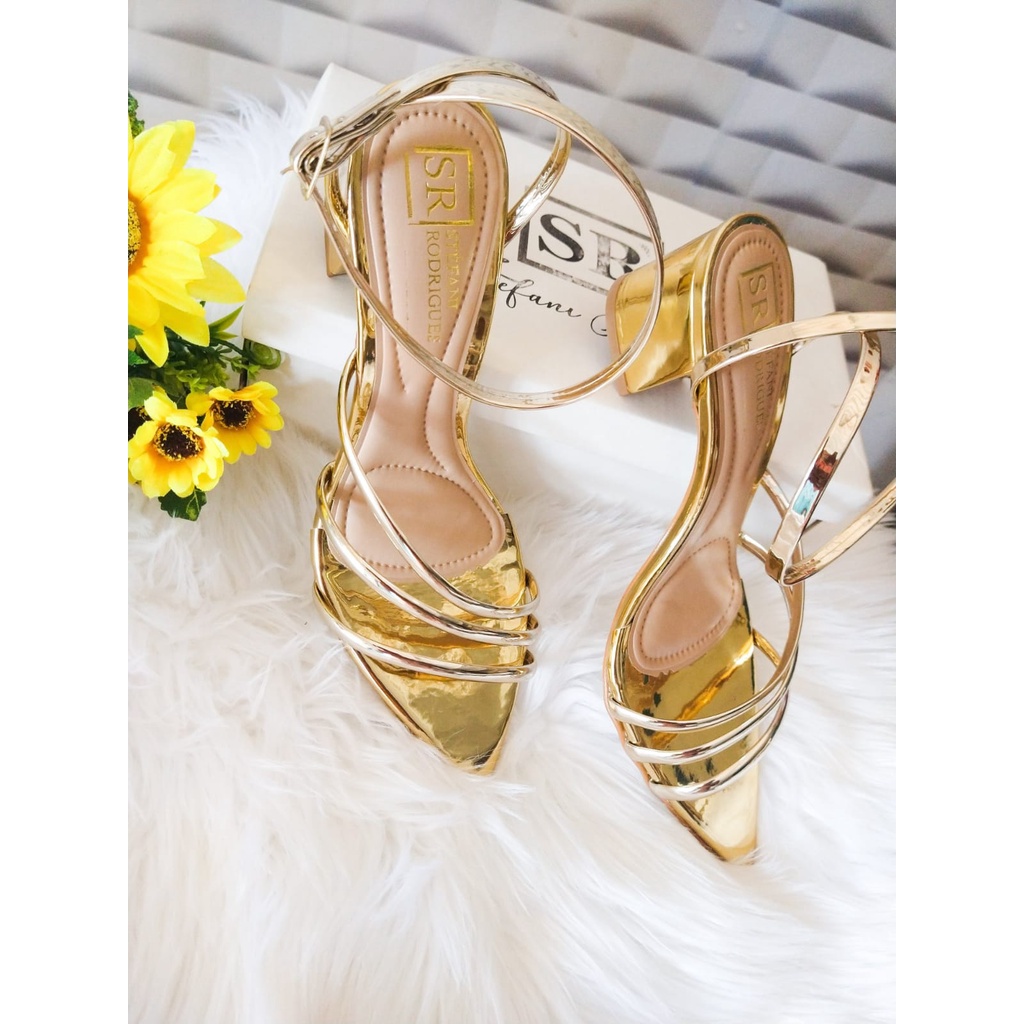 sandália feminina bico folha salto bloco 5cm