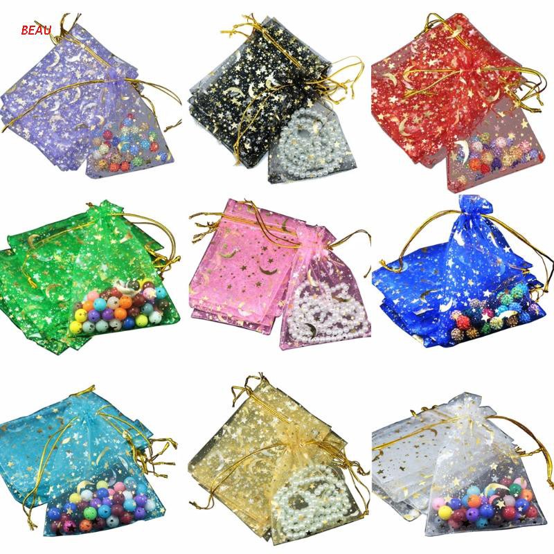 Beau 100pcs Lua Estrelas Cordão Sacos De Organza Com Cordão Pequeno Presente Da Jóia Sacos Bolsas Para Festa De Casamento Dia Dos Namorados