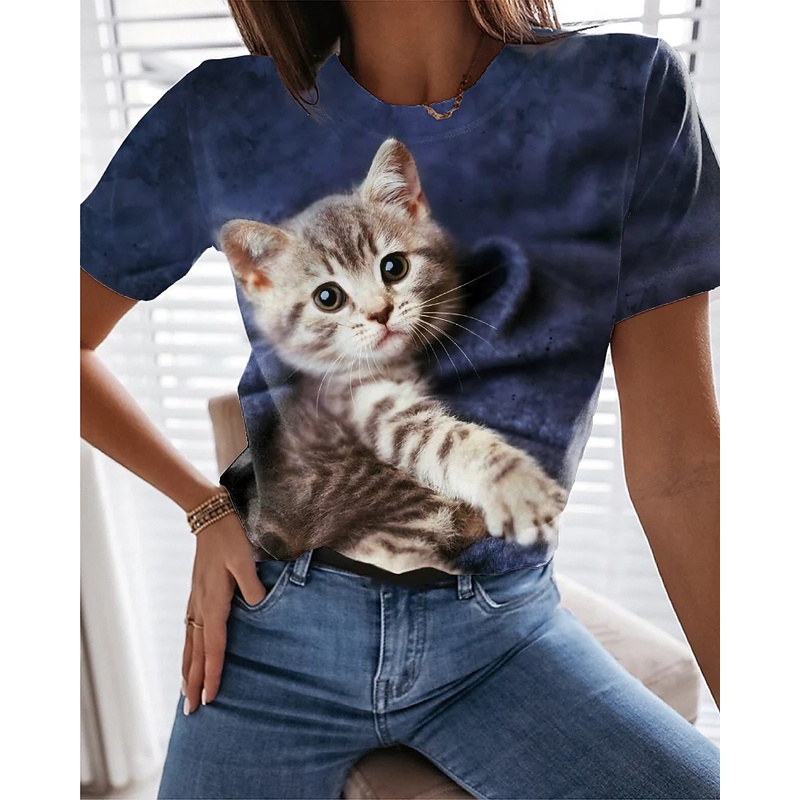 3D Gato Fofo Estampa Harajuku Camiseta Manga Curta Casual Kawaii