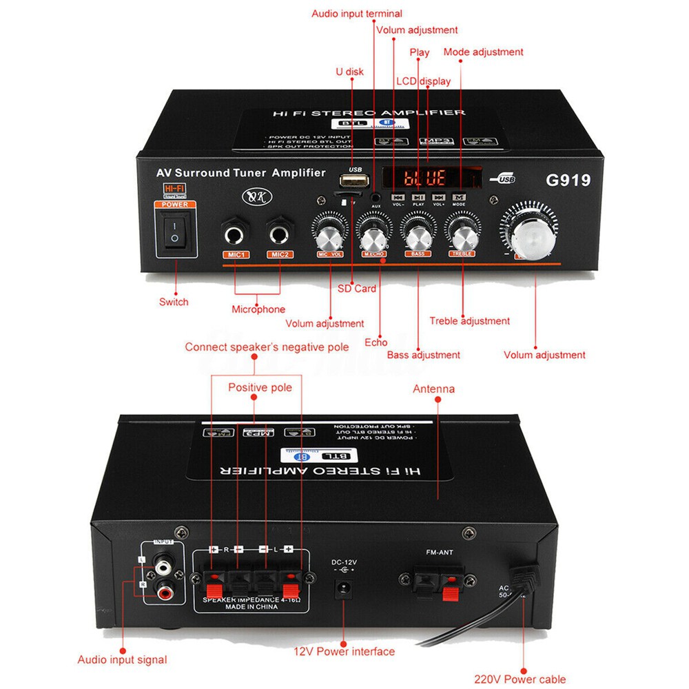 Amplificatore Audio Bluetooth 5.0 Da 600W - HiFi Stereo, Radio FM, Karaoke, Per Auto E Casa, 12V/220V