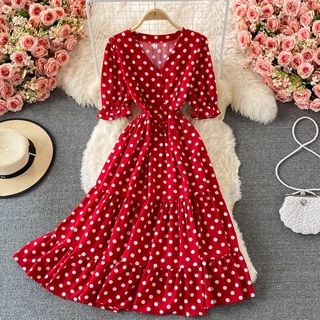 2024 Vestido Longo Feminino Com Estampa De Bolinhas/Francês/Gola V/Manga Curta/Casual