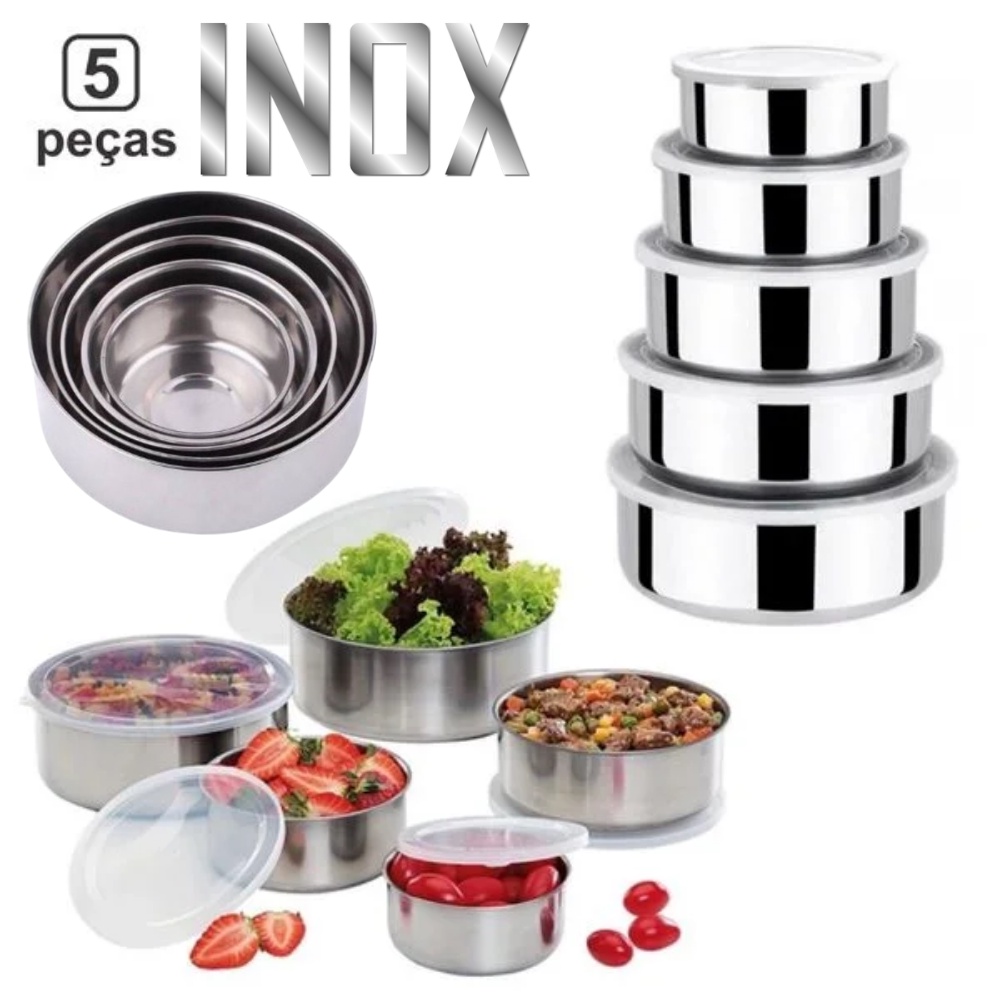 Conjunto De 5 Tigelas Aço Inox Com Tampa Resistente 5 Peças Cozinha |  Shopee Brasil