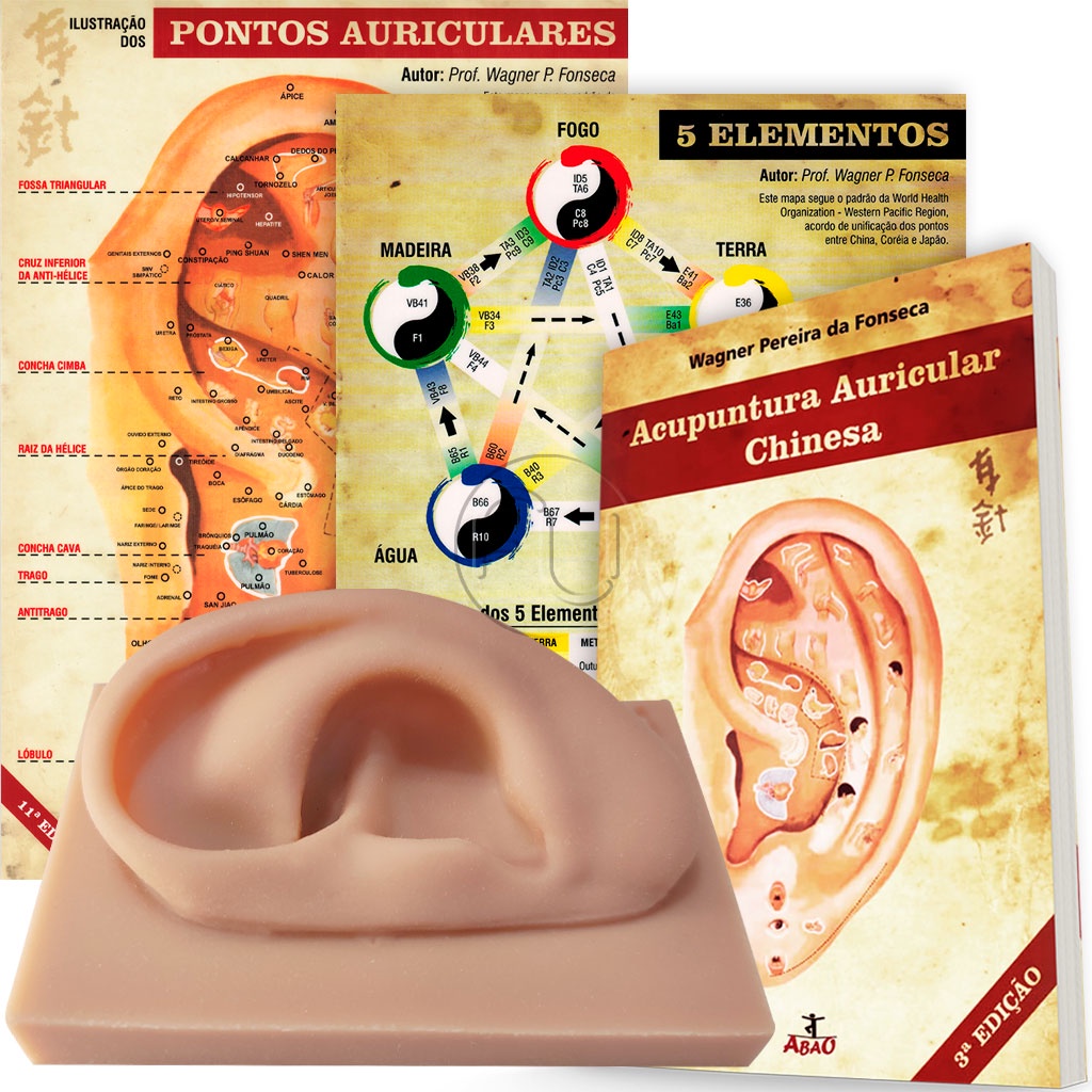 Kit Auriculoterapia Orelha de silicone, Mapa Auricular, Mapa 5 Elementos E Livro Acupuntura Auricular