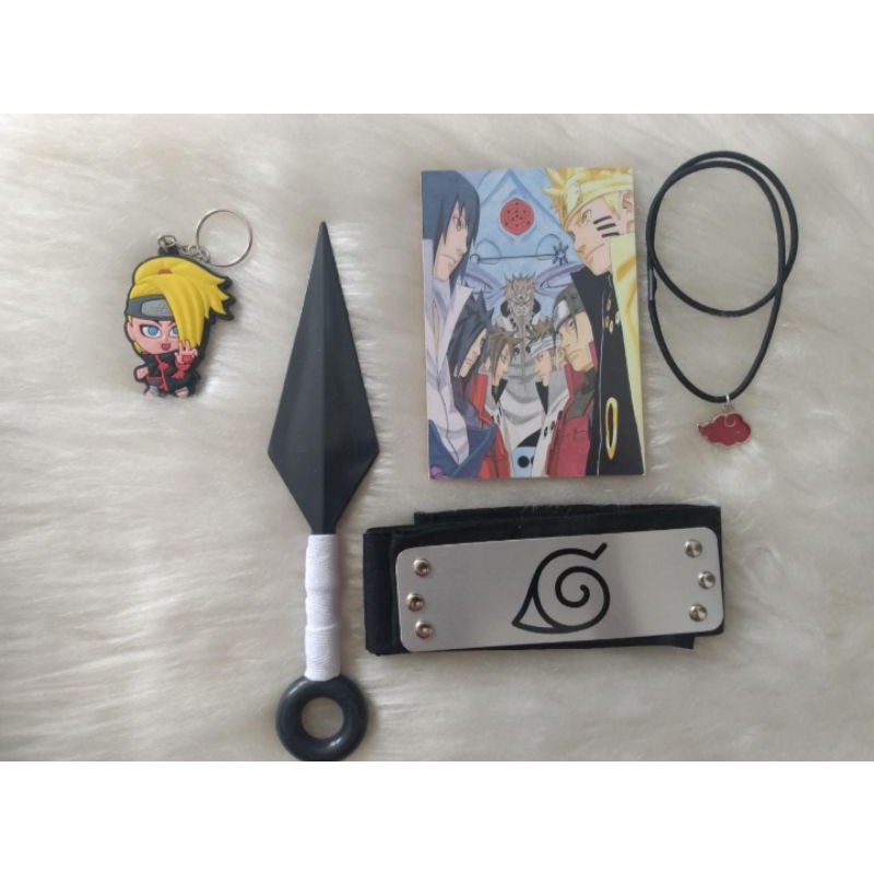 Kit Naruto Infantil - Boneco Naruto + Bandana Aldeia da Folha + Anel Itachi  + Colar Tsunade