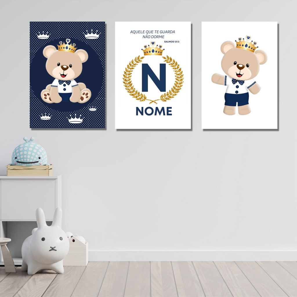 Kit 3 Quadros Ursinho Principe Personalizado Infantil Para Quarto de ...