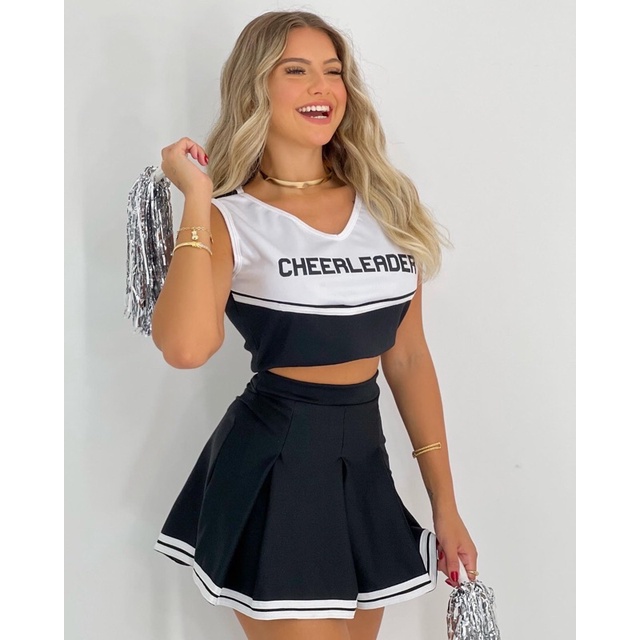 Fantasia Líder De Torcida Adulto Saia E Blusa Feminino Cheerleader
