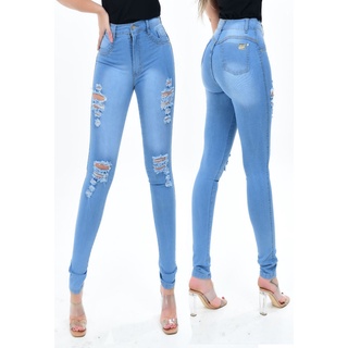 Calça jeans skiny cintura alta detalhes rasgado bolsa funcional