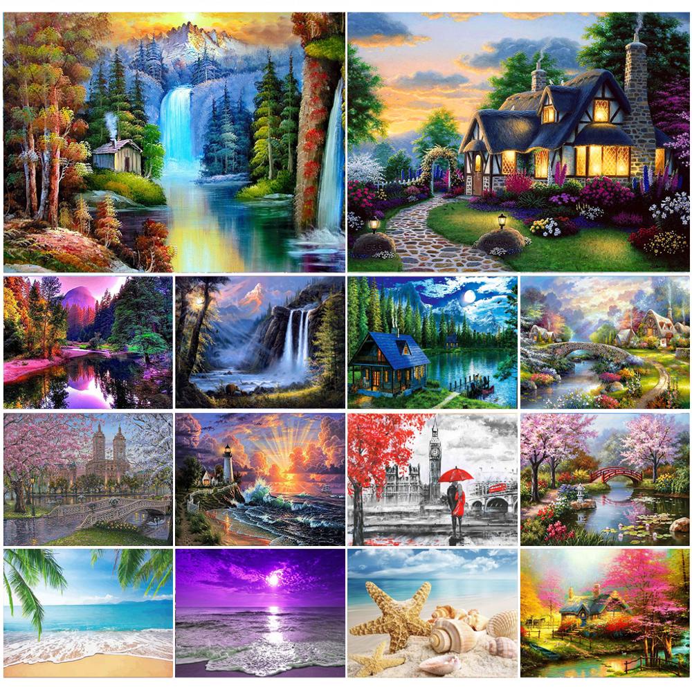 Paisagem Cachoeira 5d Pintura Com Diamante Novo Bordado Quadrado Luz Da Lua Praia Mosaico Padrão 4524