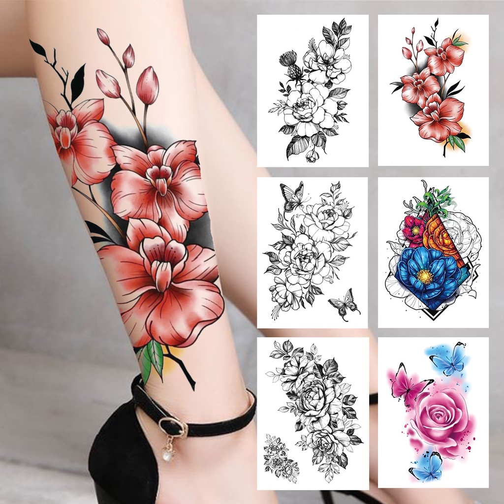 3d Aquarela Flor Tatuagem Temporária Para As Mulheres Meninas Falso Peônia Rosa Tatuagem Adesivo Borboleta Rendas Suor Flora Tatoos Perna