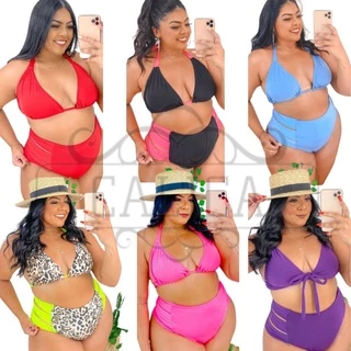 Biquíni Plus Size Cintura Alta Hot Pants Conjunto Cortininha Moda Praia Verão Feminino