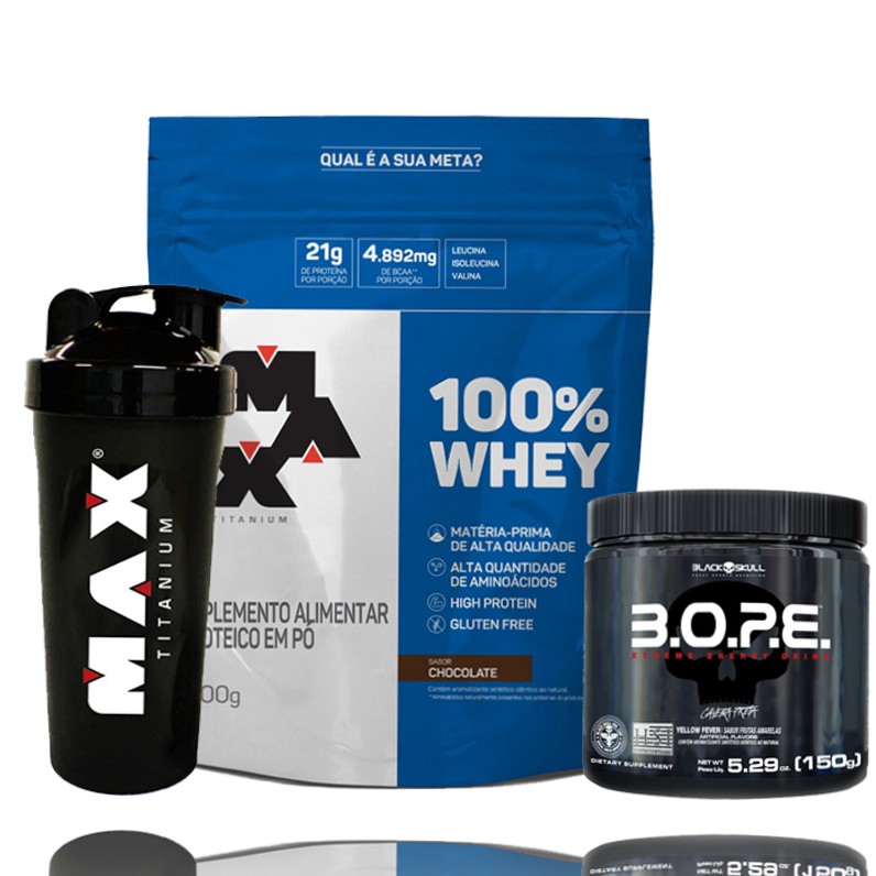 100% puro whey 900 g refil Max titanium + Pré treino BOP Black Skull + Coqueteleira Max titanium.