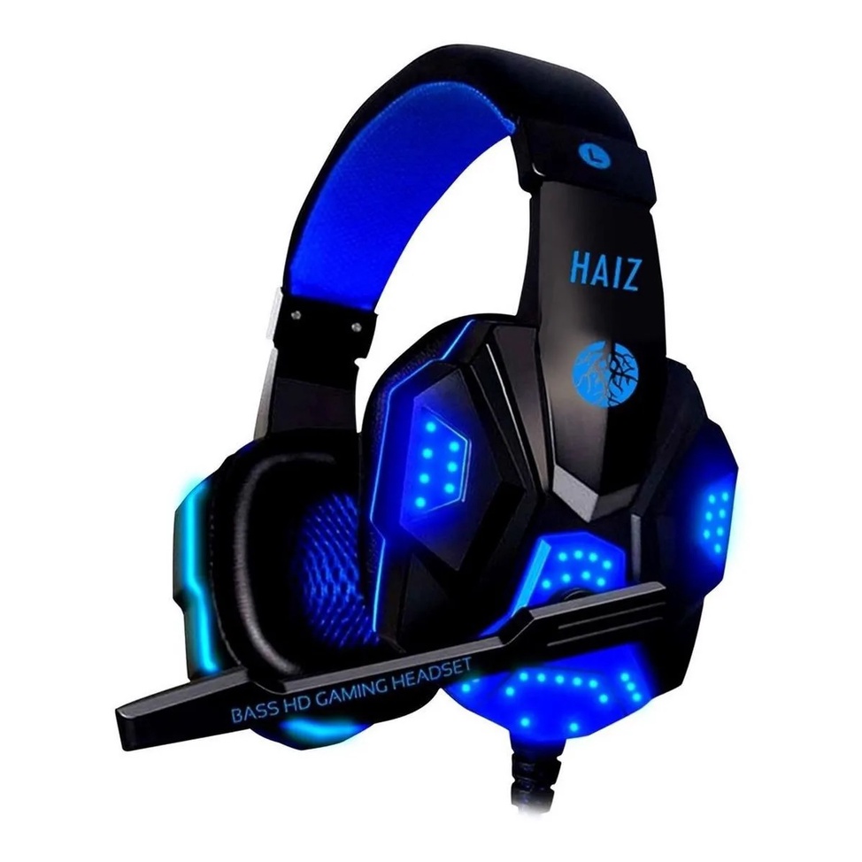 Headset gamer Haiz Deneb preto e azul com luz azul LED | Shopee Brasil