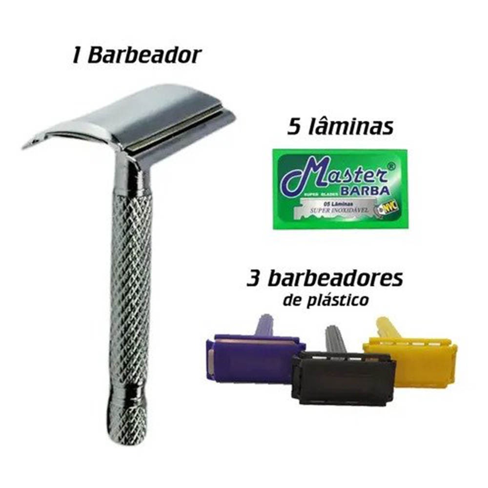 Barbeador de metal + barbeador de plástico + lâmina + navalha