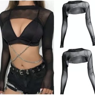 Cropped Tule Microtule Manga Longa Cores
