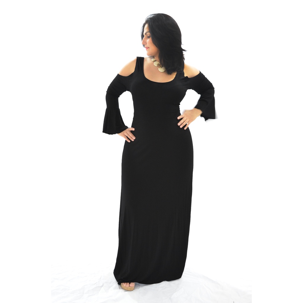 Vestido Longo com Decote no Ombro Manga Sino Plus Size Shopee Brasil