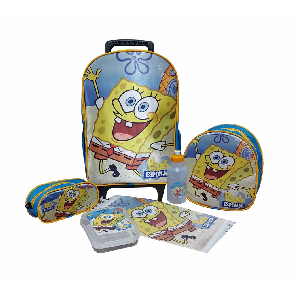 Kit mochila escolar Bob esponja infantil com carrinho