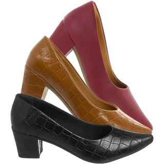 Kit 03 pares de sapatos scarpin feminino mulher bico fino salto grosso quadrado conforto preto croco/caramelo croco/branco/vermelho