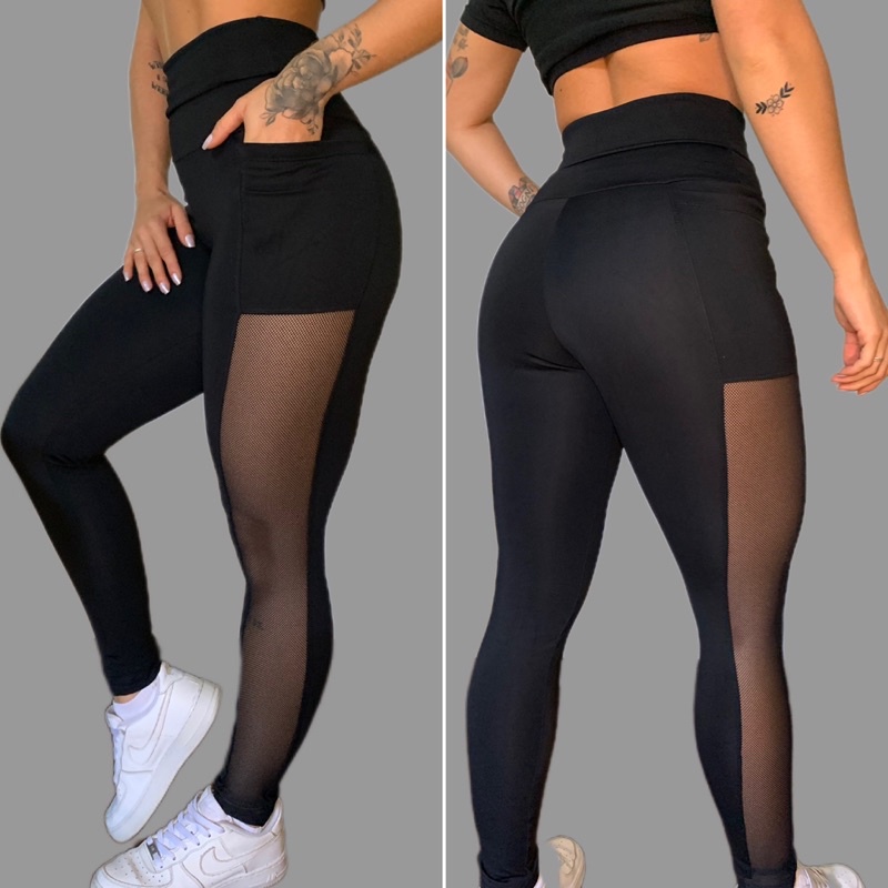 Legging Preta Cirre Tela Lateral