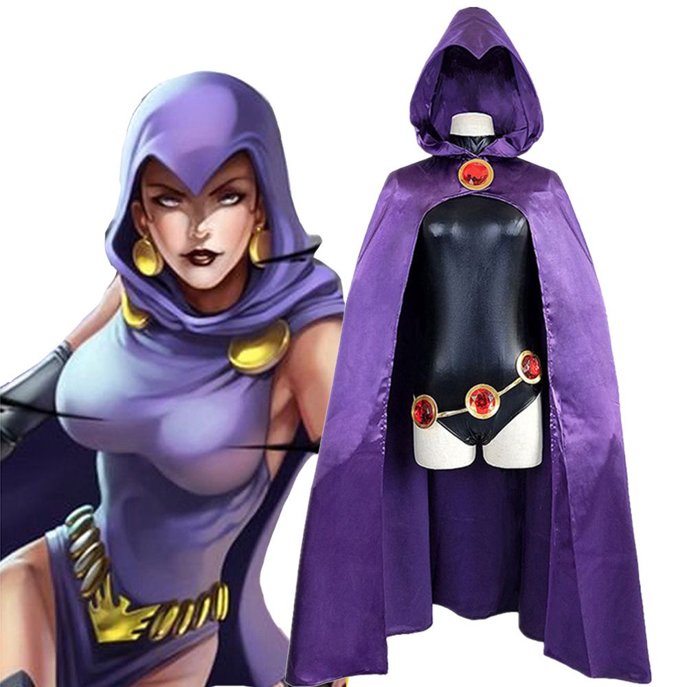 Adolescente Titans Raven Cosplay Fantasia Super-Herói Capa Macacão Zentai Halloween Roupas Apertadas + Corrente De Jóias De Cintura