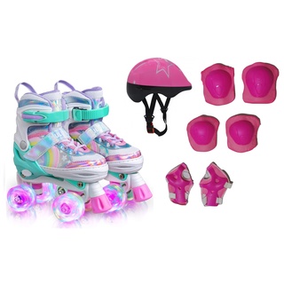 Patins Quad Arco Íris c/ Ajuste tamanho P, M e G e rodas q brilham + Kit Proteção