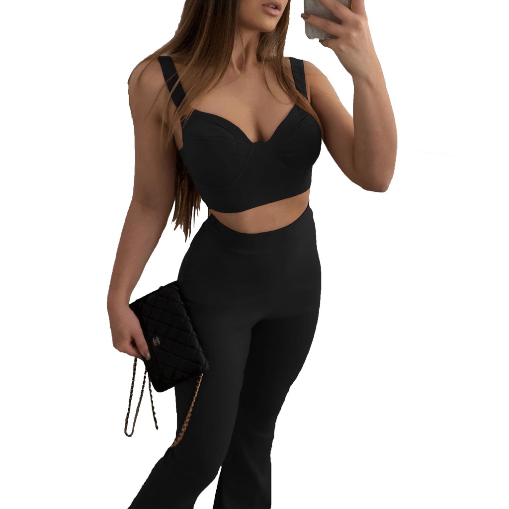 Calça Feminina Flare Cintura Alta Conjunto com Blusa Cropped