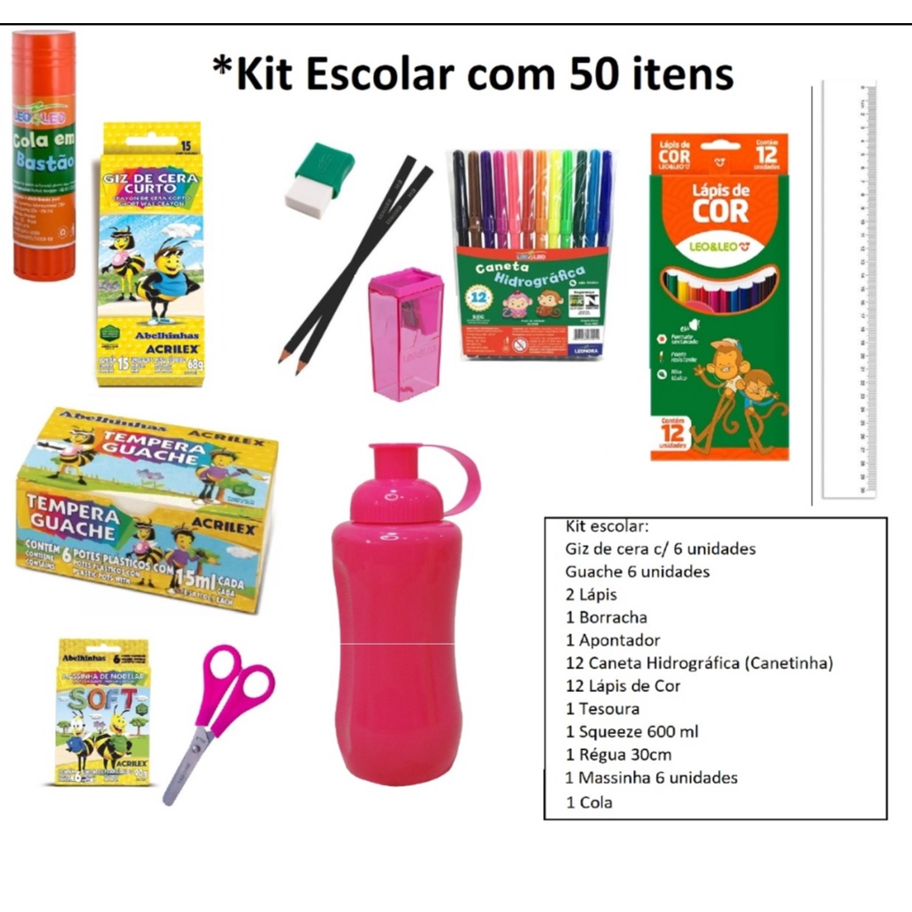 Kit Escolar Lapis De Cor Apontador Régua Compasso Tesoura