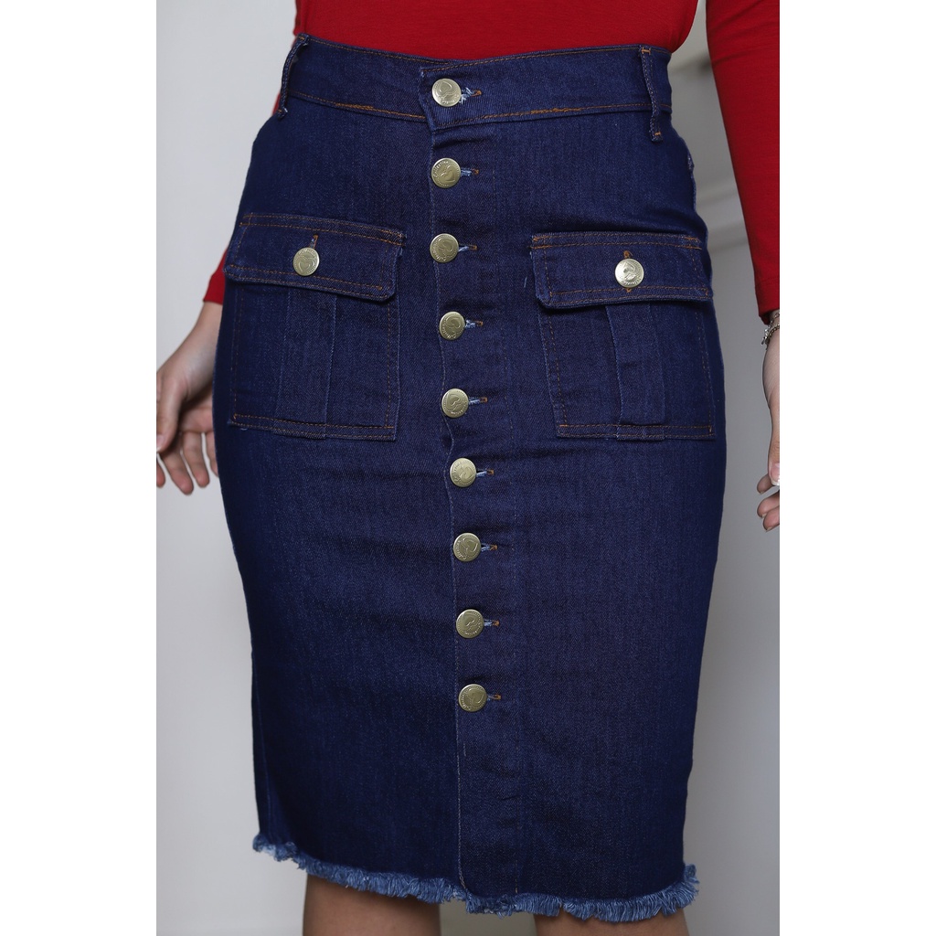 Saia Jeans Midi Feminina Desfiada Destroyed Azul Escuro