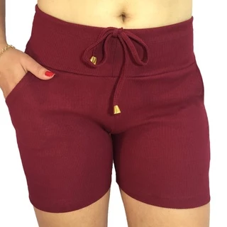 Short Feminino Cintura Alta Bermuda Canelada Com elastano Promoção