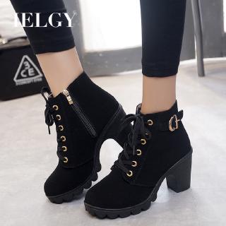IELGY Botas De Tornozelo De Salto Alto Feminina Grossa Com Textura Da Cabeça Redonda De Renda Martin Femininas