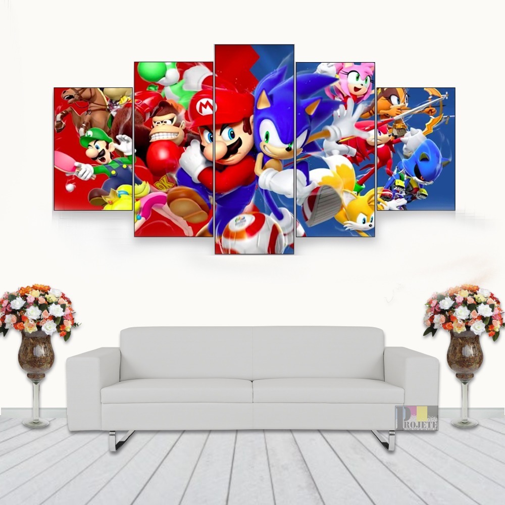 Quadro Decorativo Sonic E Mario Videogame 115x60 5 Peças N05 pxx0204