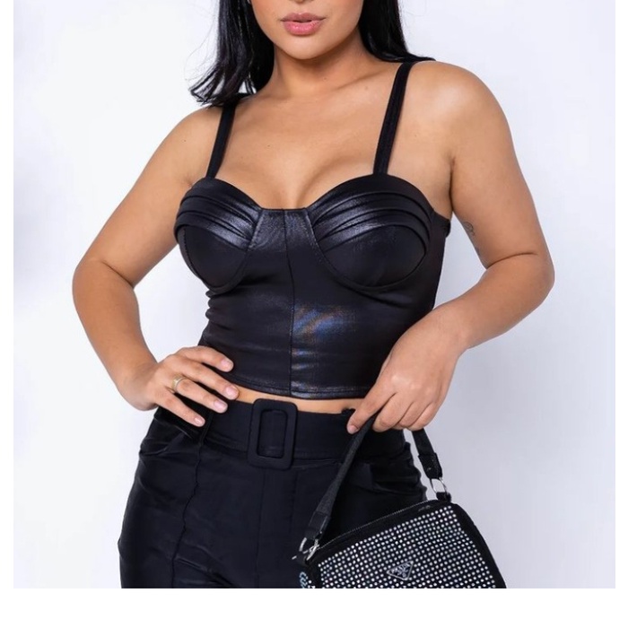 Cropped Corset Courino Trançado Costas Preto