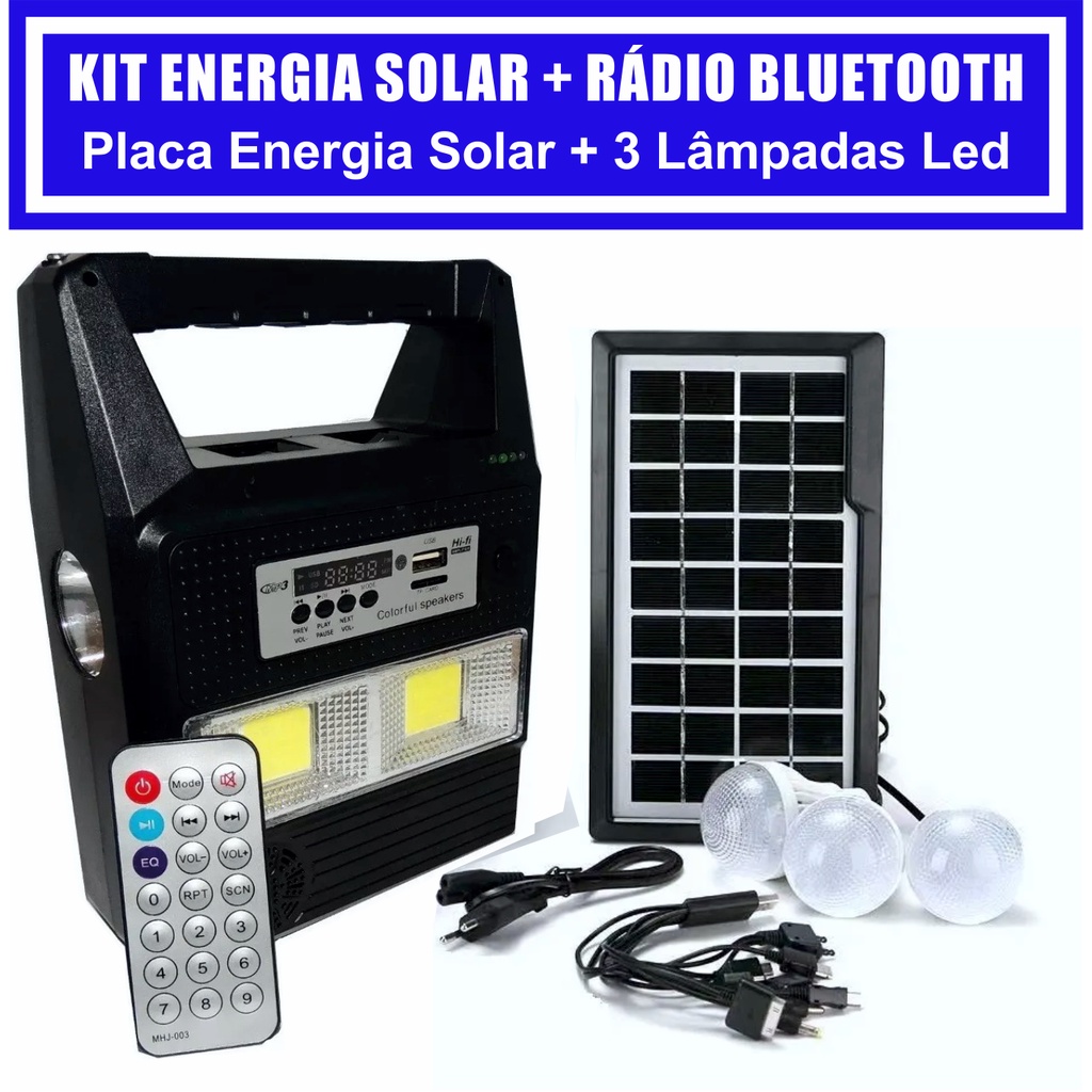 Kit Gerador De Energia Solar Rádio Fm Usb Bluetooth Placa Solar 3 Lampadas Led Lanterna Powerbank Pescaria Camping Acampamento Maquetes