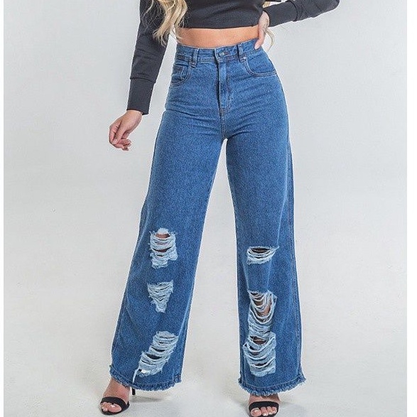 Calça Jeans Femini Pantalona Boca Larga Cintura Alta Rasgada