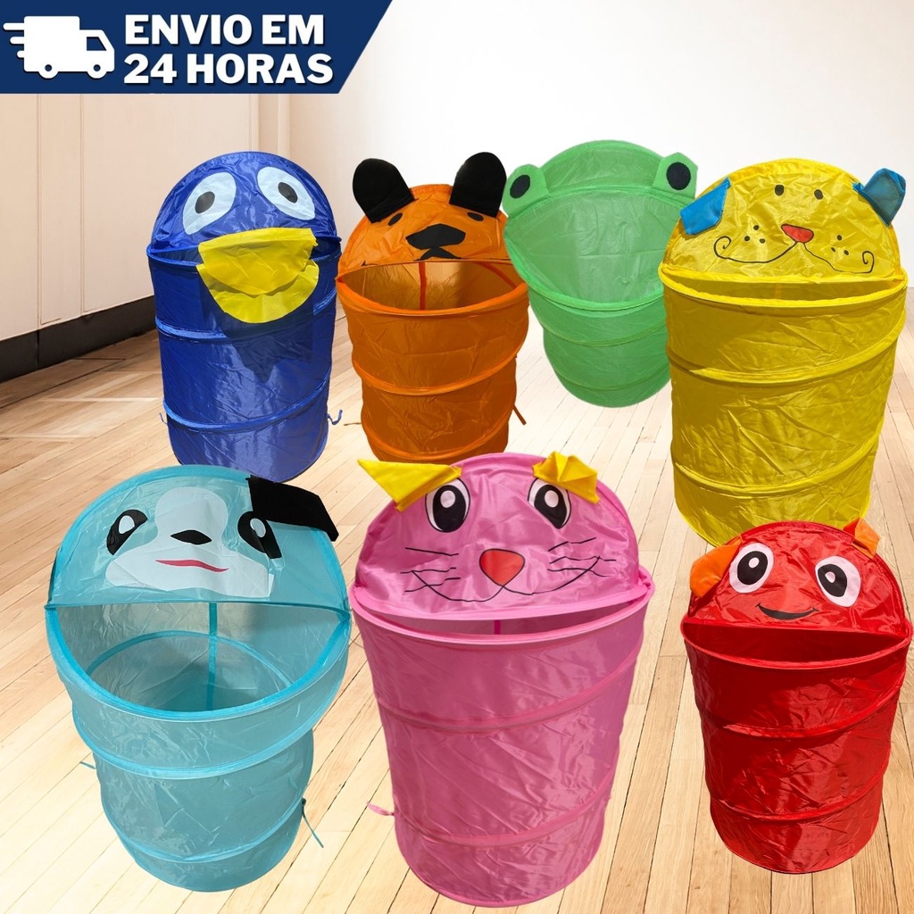 Cesto Organizador De Brinquedo Roupa Suja Dobrável de Bichinho C/ Tampa