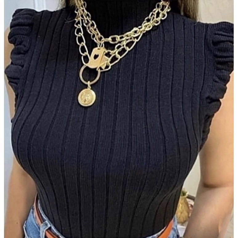 Blusa Trico Feminina Garrafinha Canelada Tricot Blogueira Babado na manga Verão