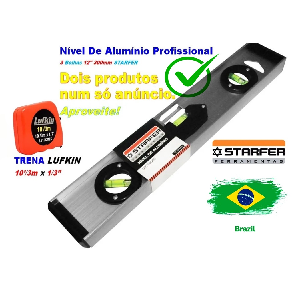 Nível De Alumínio Profissional 3 Bolhas 12 300mm Starfer Shopee Brasil