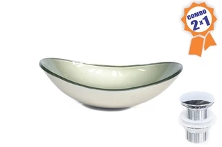CUBA DE VIDRO OVAL 47CM CHAMPANHE + VÁLVULA CLICK