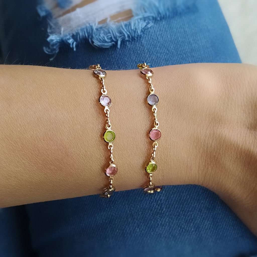 Pulseira De Pedras Coloridas Estilo Europeu E Americano Folheado Banhada A Ouro 18k Prata 925