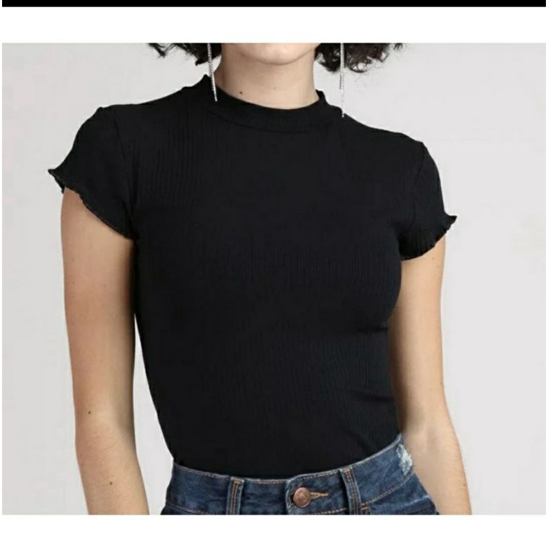 Camiseta baby look t-shirt manga curta frufru canelada