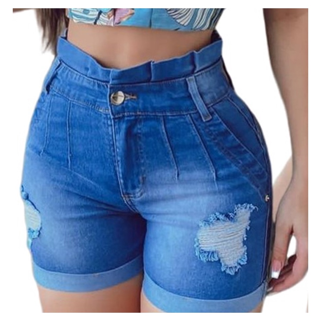 Short Curto Feminino Jeans Cintura Alta Com Licra Levanta Bumbum