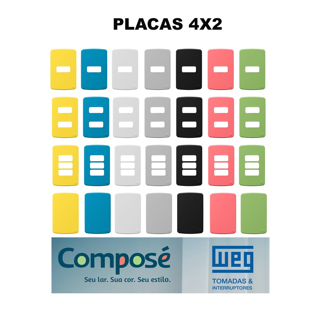 Placas 4x2 Cores Sortidas para linha de tomadas e interruptores Weg Composé