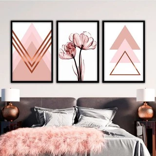 Quadro Decorativo Kit 03 Peças 40x60 Flor Triângulos Rose Para Quarto Sala Escritório - Sem Moldura