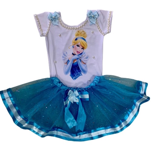 Kit Vestido festa infantil da Cinderela + saia de filó + Laço - Azul Claro