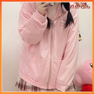 Cardigan Feminino Estilo Preppy Estampa hello kitty Com Capuz Zipper
