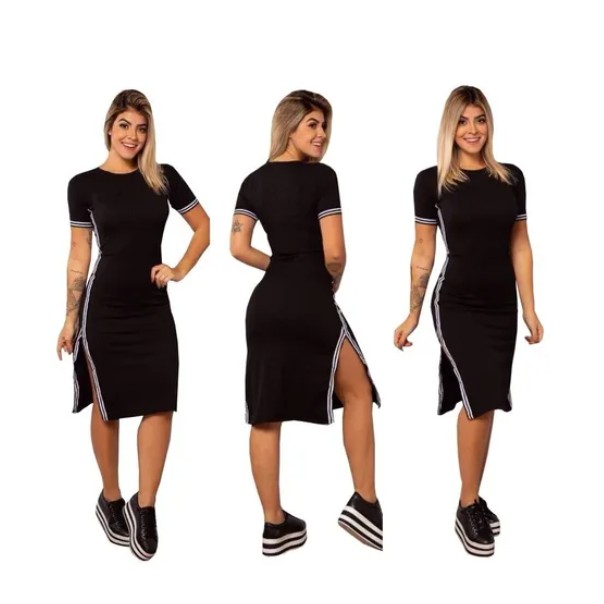 Vestido midi com listra hot sale lateral