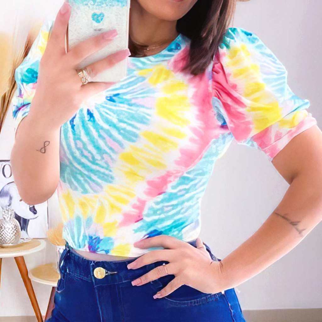 Blusa Feminina Cropped Tie Dye manga Princesa | Shopee Brasil
